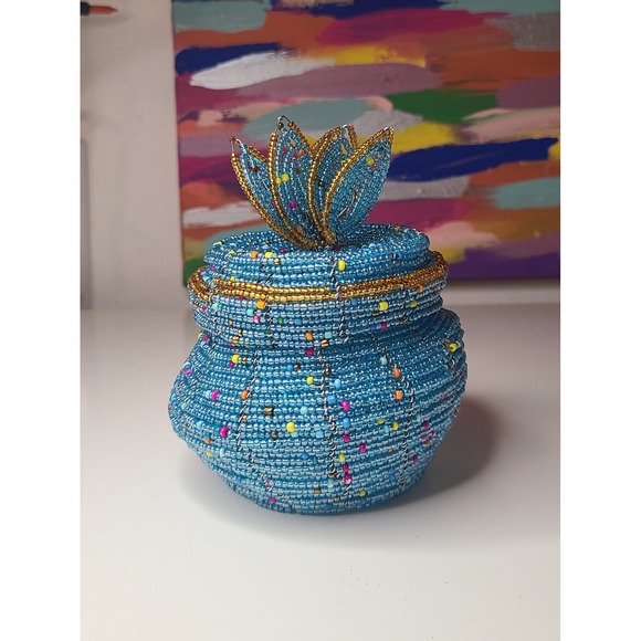 Other - Blue Multicolor Beaded Decorative Container Maximalist